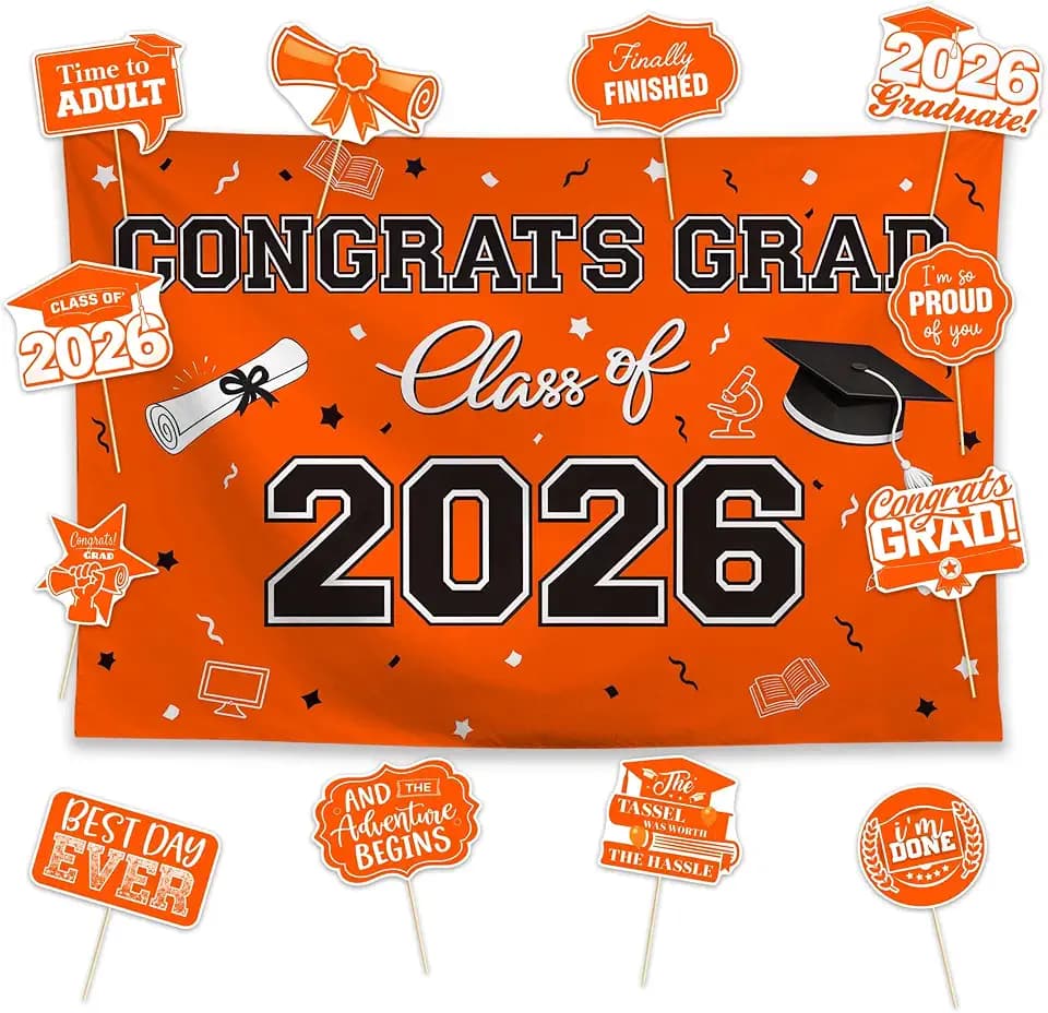 Allenjoy Graduation Class 2026 Orange Party Decorations Set - 13 Piece Kit with 59"x35" Backdrop, 12 Photo Booth Props, Decor Supplies, Favors for Classmates Friends Students Boys Girls