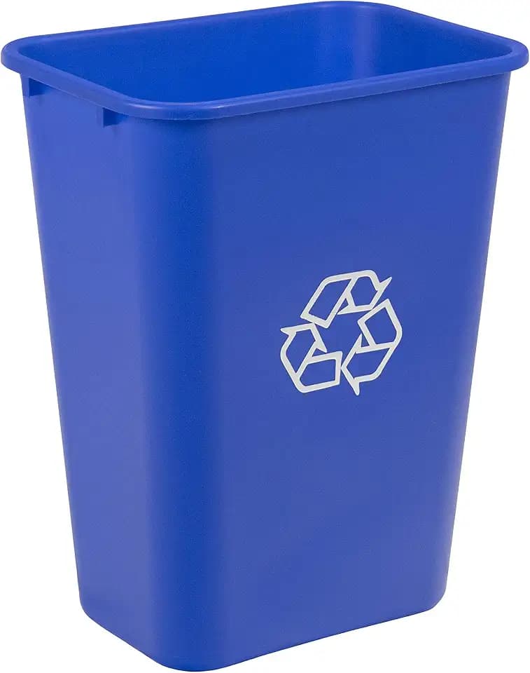Amazon Basics Rectangular Commercial Office Wastebasket, Easy to Clean, Lightweight, 10 Gallon, Blue, Recycle Logo