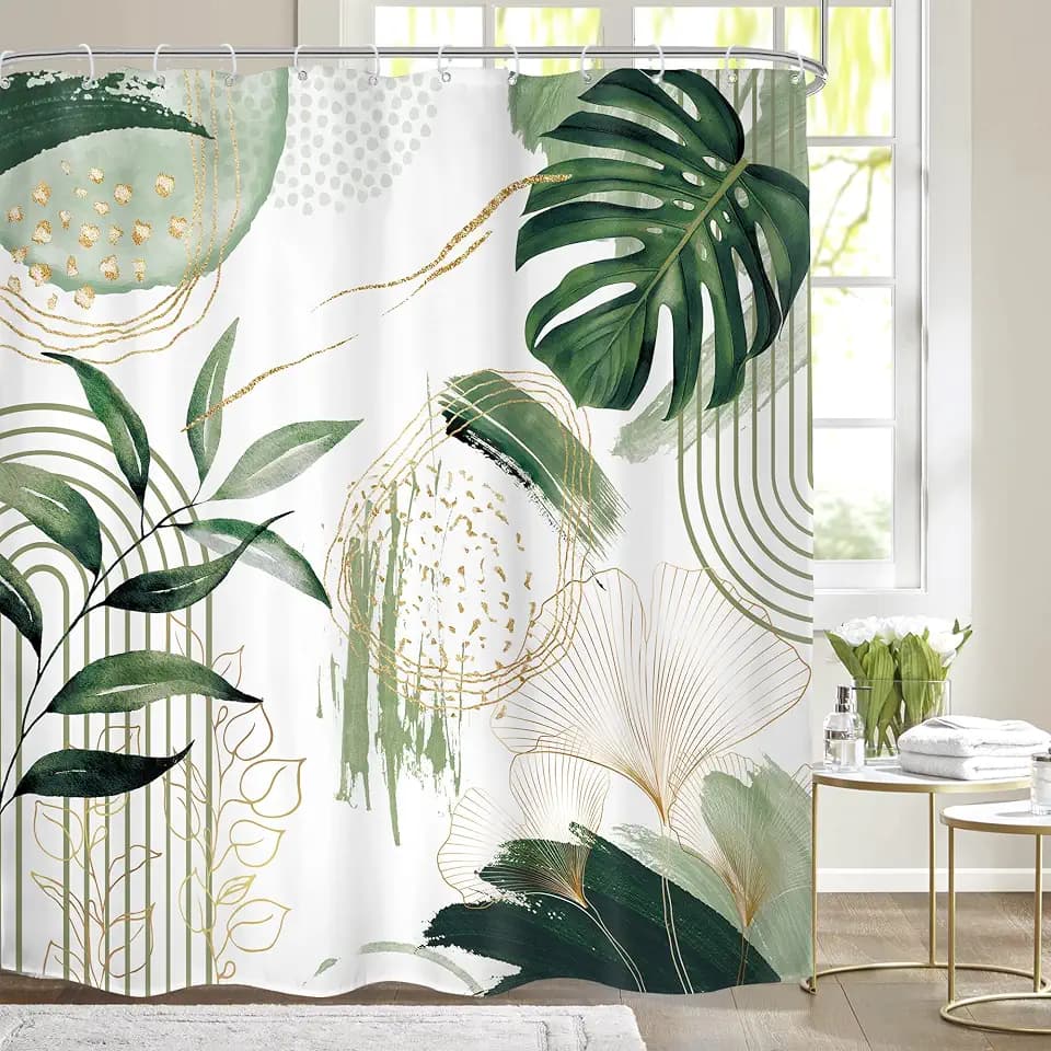 Sage Green Boho Shower Curtain Modern Abstract Tropical Bathroom Decor