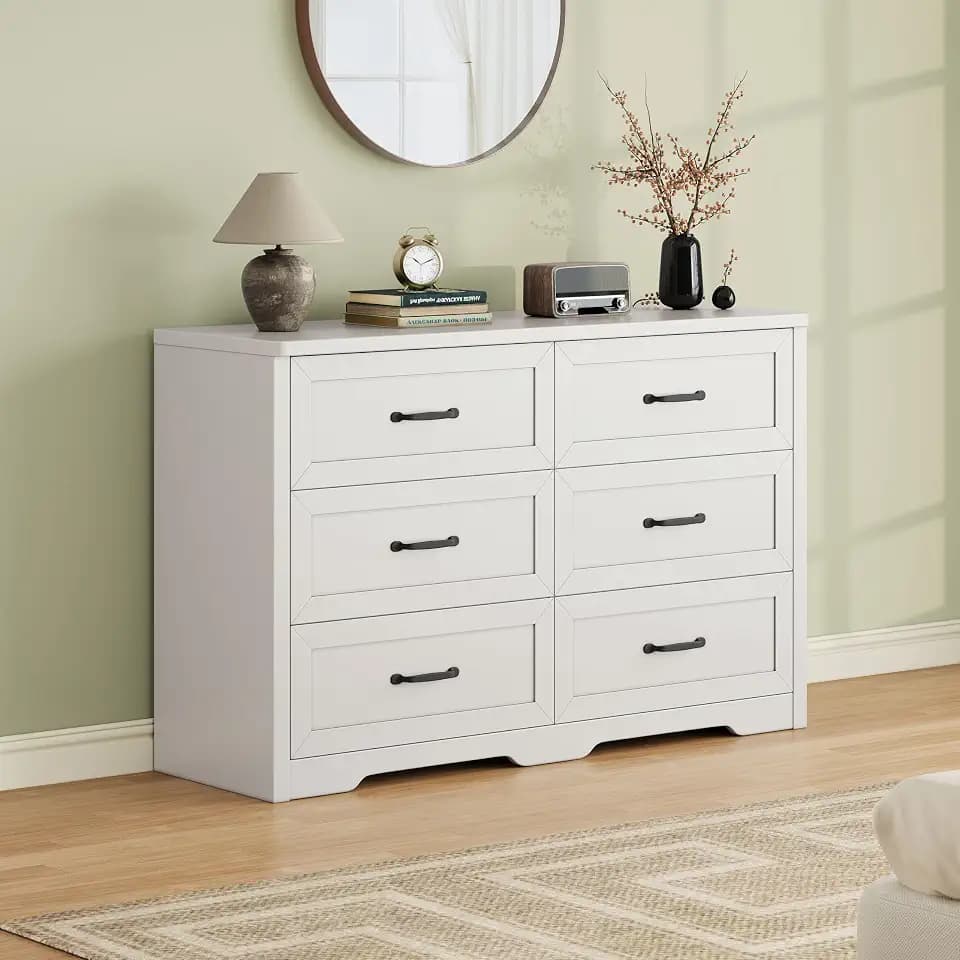 Ball & Cast Farmhouse 6 Drawer Dresser for Bedroom, 47" W Modern Chest of Drawers with Metal Handles, Wood Dresser TV Stand, Dresser Drawer Organizer for Closet, Living Room,Hallway,White