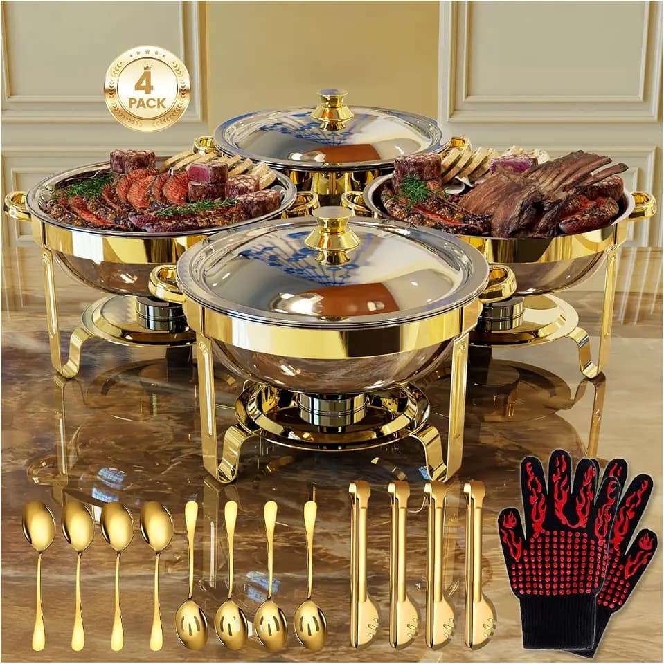 Gold Chafing Dishes for Buffet 4 Pack, 6QT Buffet Servers and Warmers Sets