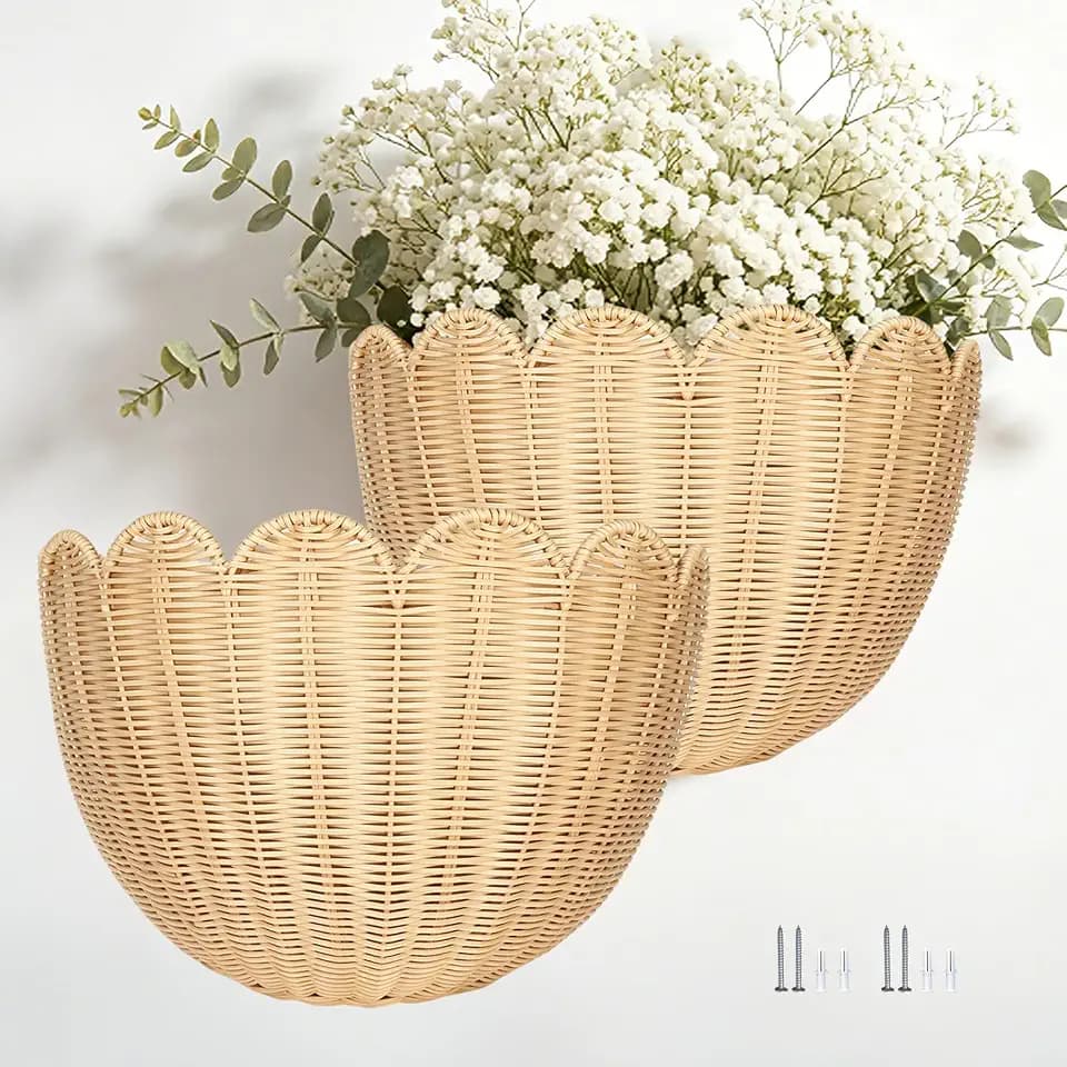 2PCS French Provence Scalloped Scallop Woven Wicker Wall Baskets Basket