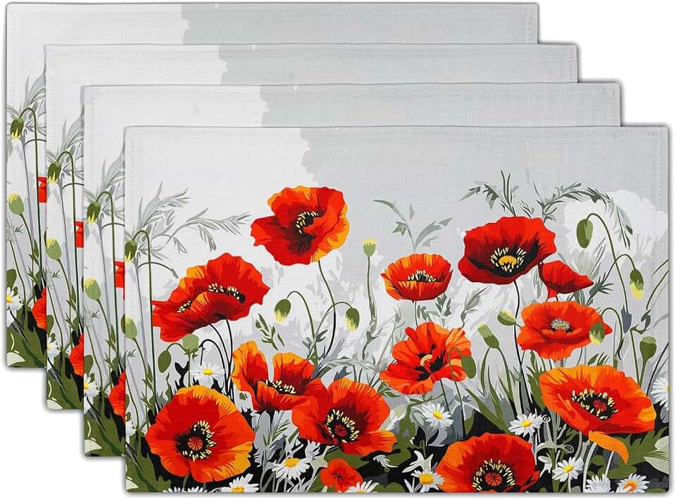 Giwawa Poppy Flowers Placemats Set of 4, 12"x18" Rustic Red Orange Floral Linen Place Mat, Spring Summer Washable Non-Slip Table Mats for Kitchen Dining Party Picnic Indoor Outdoor Decor