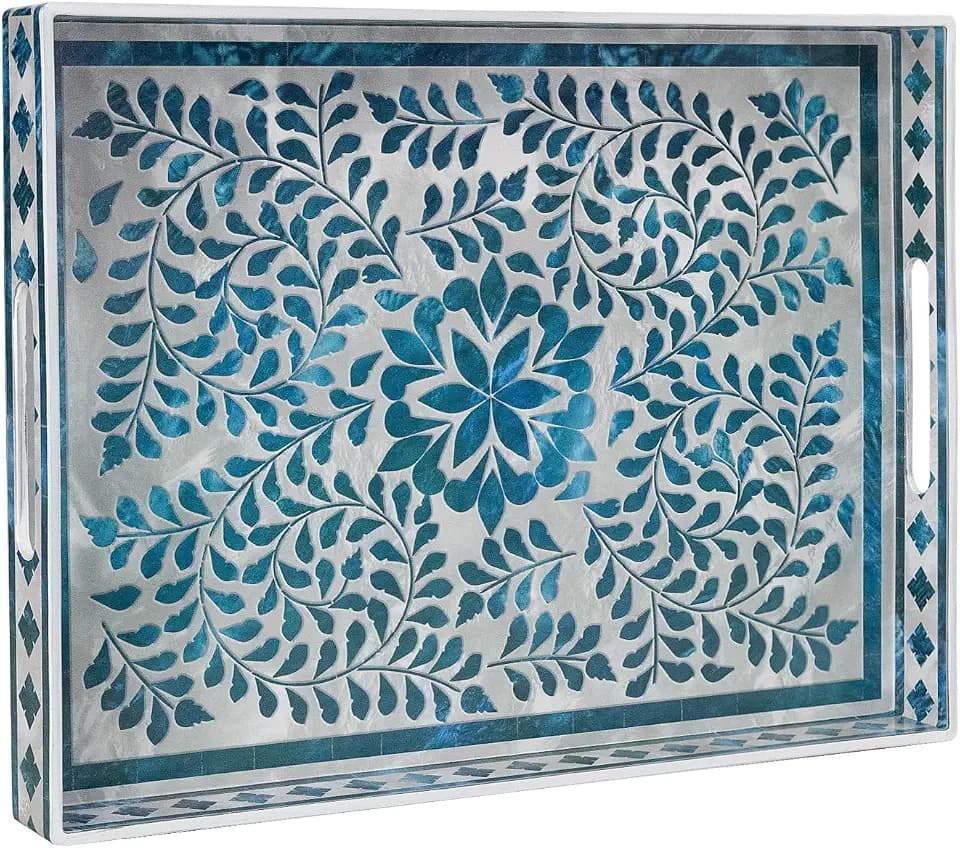 MAONAME Blue Serving Trays, Plastic Rectangular Serving Tray with Handles