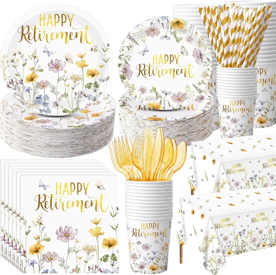 Funnymoom 452 Pcs Happy Retirement Supplies Tableware for 50 Guests, Wildflower Themed Retirement Paper Plates Napkins Cups Tablecloth Cutlery Straws for the Aged Women Say Goodbye Party Decoration