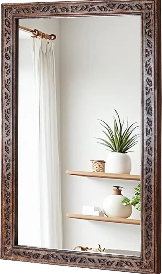 Wooden Bathroom Wall Mirror -Solid Wood Frame Vanity Mirror, Farmhouse Decorative Wall Mirror for Bathroom, Bedroom, Living Room & Entryway, Vertical/Horizontal Hanging, 30x18 Burnt Brown.