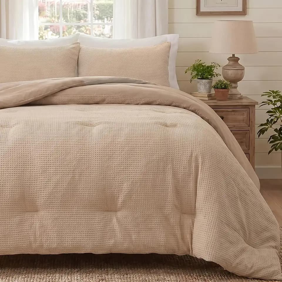 3 Pieces Waffle Fleece Comforter Set - Super Soft & Warm Fluffy Bedding Set - Luxury Bed Set for All Seasons with 1 Comforter & 2 Pillowcases (Khaki, King)