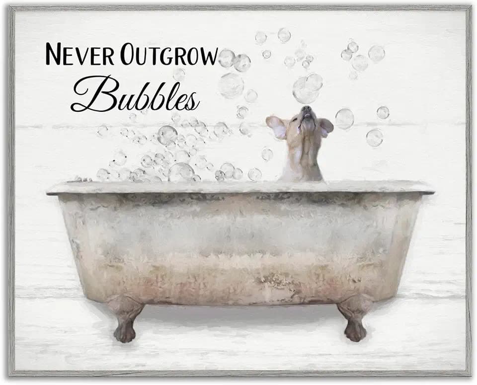 Stupell Industries Never Outgrow Bubbles Bath Dog in Tub Word Design Wall Art, 16 x 20, Grey Framed