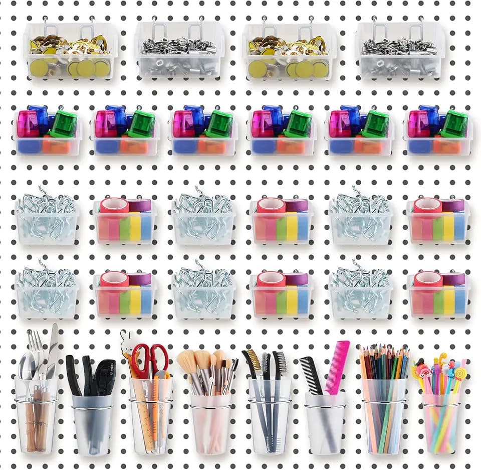 Roowest 60 Pcs Pegboard Cups Pegboard Bins Set, Wall Organizer with Hooks and Loops, Hooks Assortment Organizer Accessory for Office Storage Garage Craft Workshop(Clear)