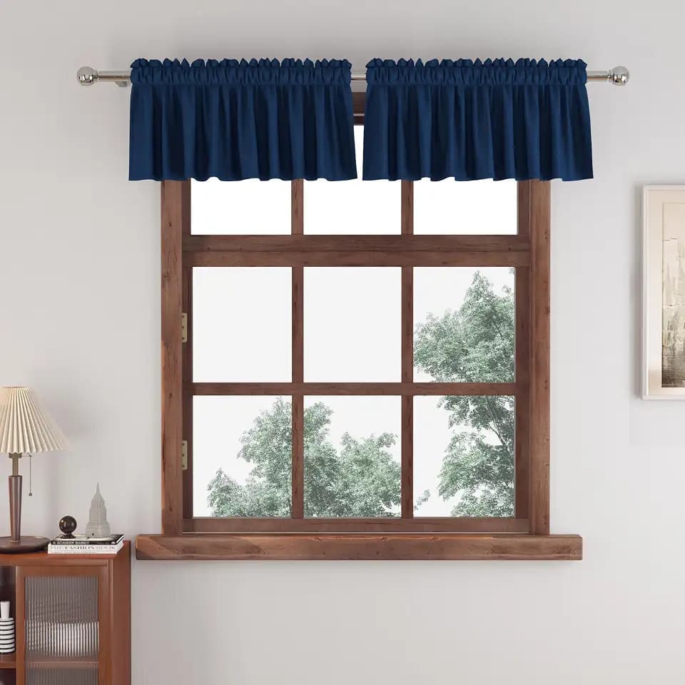 Small Tiers 2 Pack Faux Linen Textured Kitchen Short Small Mini Window Curtains Navy Blue Valance 16 inches Length Privacy Home Decor Classic Cafe Basement Living Room/Bedroom 34W by 16L Rod Pocket