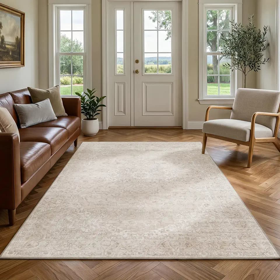 FMFUNCTEX 4x6 Washable Beige Neutral Vintage Floral Area Rug for Entryway