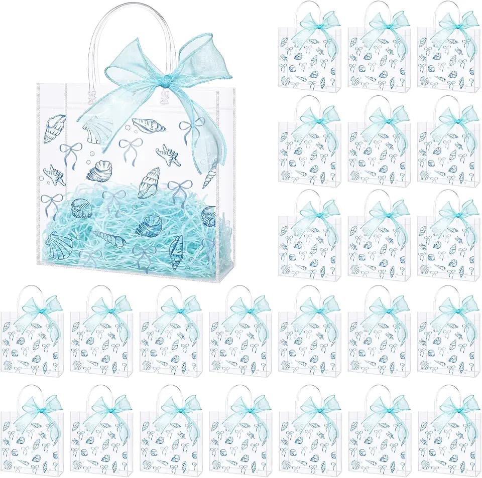 Sweetude 24 Pcs Blue Seashell Clear PVC Gift Bags, Beach Party Decoration
