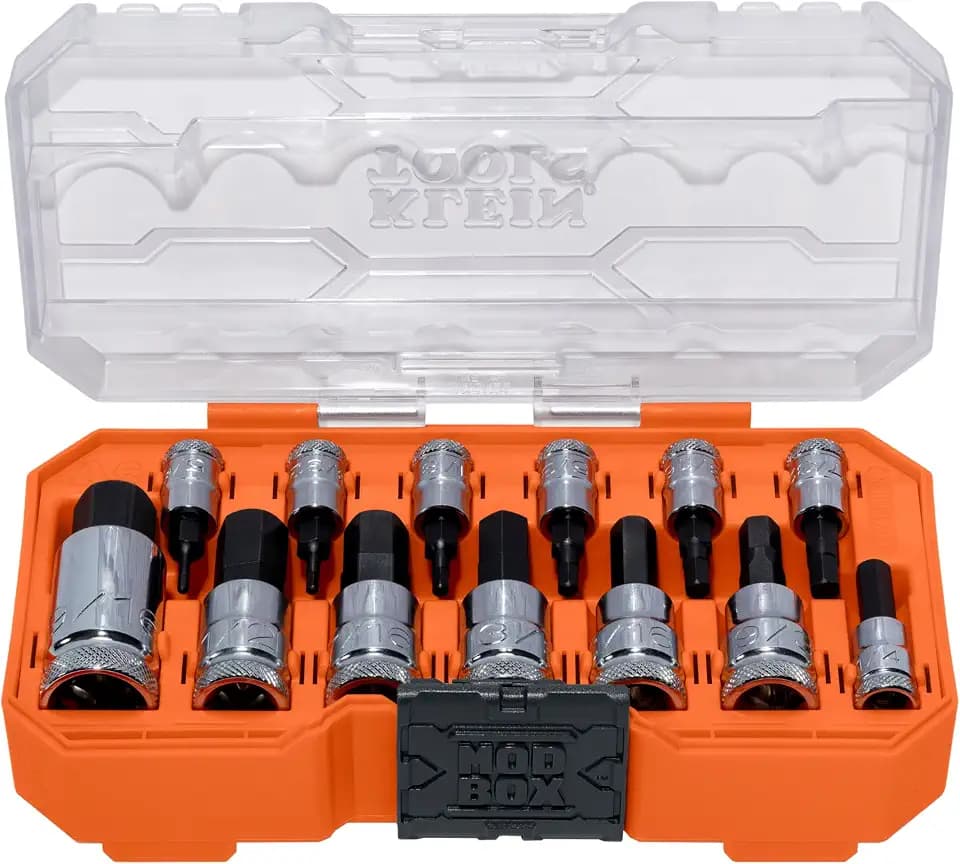 Klein Tools 65213HEX Knurled Hex Bit SAE Socket Set, 1/4, 3/8 and 1/2-Inch Drives, Premium Cr-V Steel, SAE Sizes 5/64 to 9/16-Inch, MODbox Case, 13-Piece