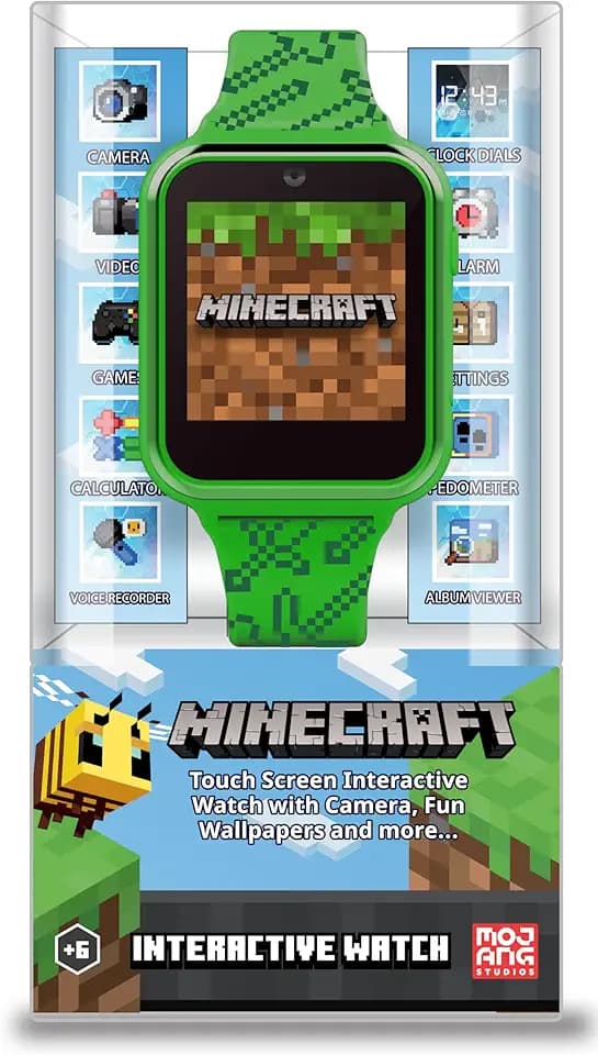 Accutime MIN4045 Kinder Smartwatch Minecraft, Kinderuhr mit Selfie Kamera, Foto & Video, Stoppuhr, 6 Spiele, 3 Hintergründe, 10 Zifferblätter, Diktiergerät, Fitness Tracker Uhr, Wecker, Grün