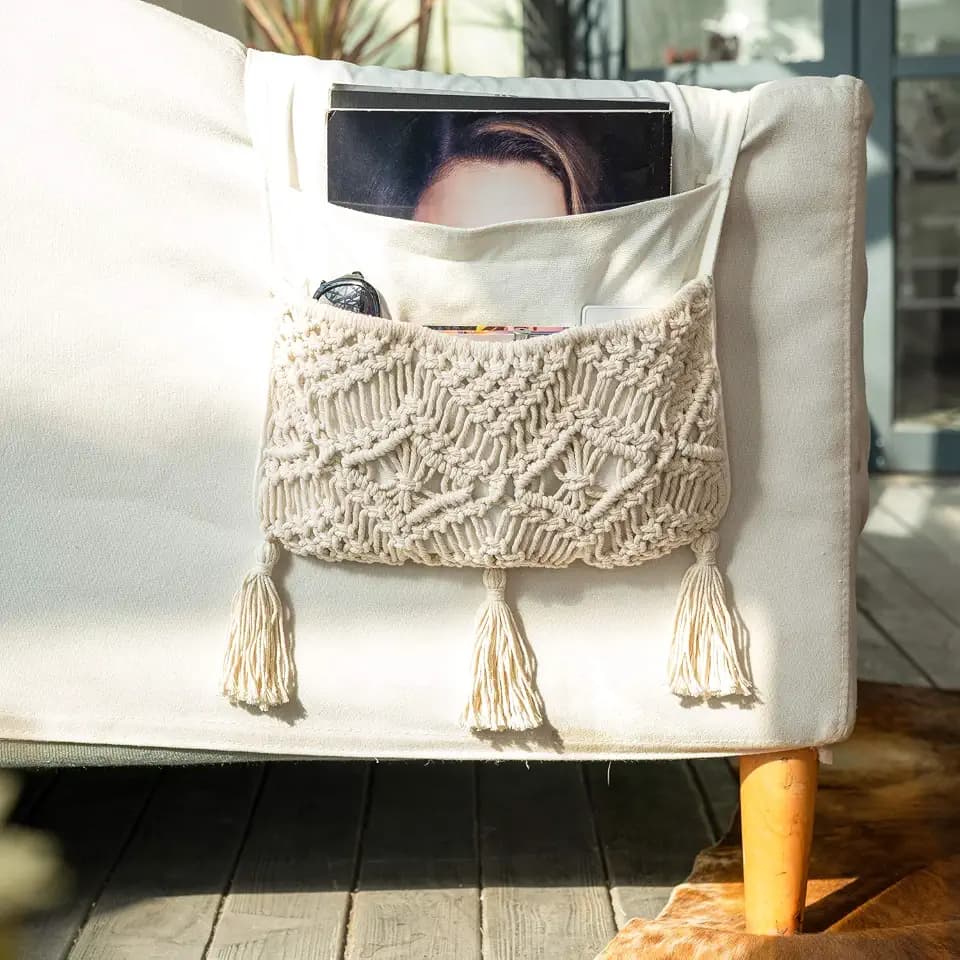Mkono Macrame Armchair Caddy, Boho Couch Armrest Organizer, 4 Pockets Beige