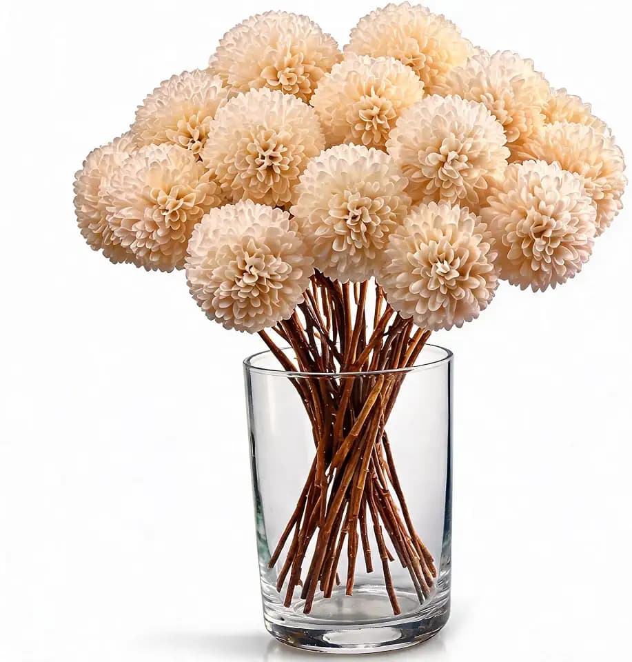 24 Pcs Champagne Artificial Chrysanthemum Flowers with Stems, 12 Inches Faux Silk Ball Mums for Home Decor, Wedding Bouquets & Table Centerpieces