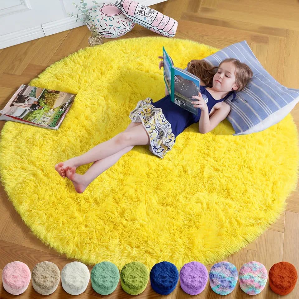 Amdrebio Yellow Round Plush Shag Area Rug 4Ft for Bedroom Kids Nursery Dorm