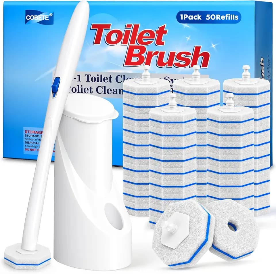 COBETE Disposable Toilet Brush Wand Kit with 50 Refills, Toilet Bowl Cleaner Brush Holder Sets for Bathroom Toilet Cleaning(White)
