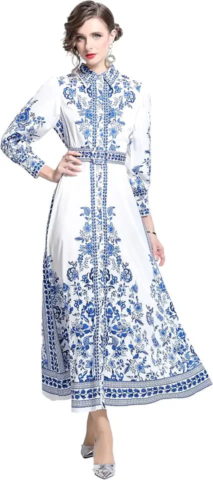 LAI MENG FIVE CATS Women's Vintage Floral Print Belt Maxi Dress Flowy Casual Button Up Split Long Dress