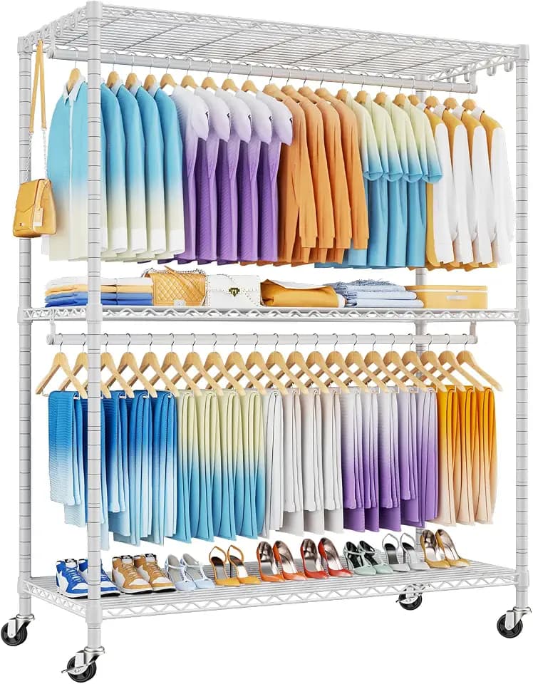 ULIFHOME P8 Max Heavy Duty Clothes Rack(With Extended Width Design) Rolling Clothing Racks for Hanging Clothes,Portable Garment Rack with Lockable Wheels,51.2" W x 15.8" D x 80.5" H,Load 700LBS,White