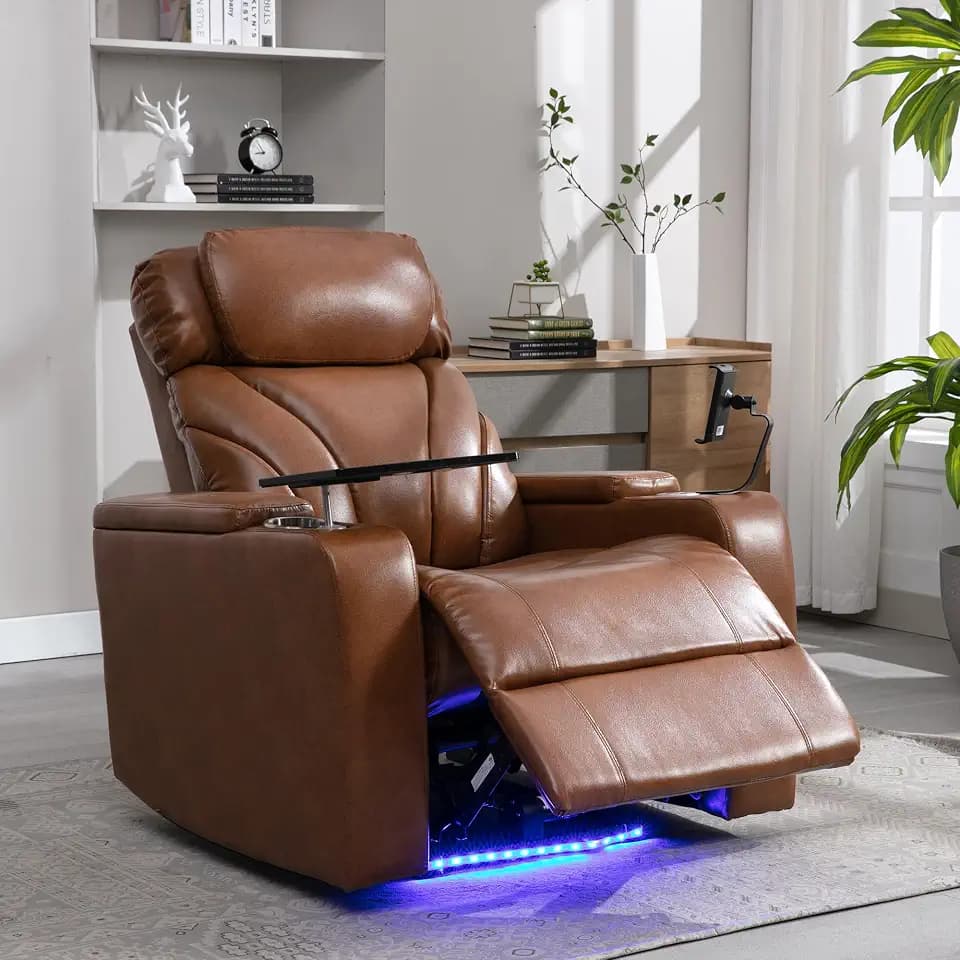 ERYE 34.5-Inch Multifunctional Power Reclining Chair Electric Recliner Armchair for Home Theater Office W/USB Ports, Storage Armrest, Cupholders, LED Light Strip & Rotating Table