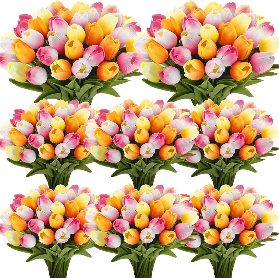 Janinka 64pcs Artificial Tulip Flowers Fake PU Tulips Faux Latex Bouquet Flower Centerpieces Arrangement Floral for Wedding Spring Decorations (1 Head,Multicolor)