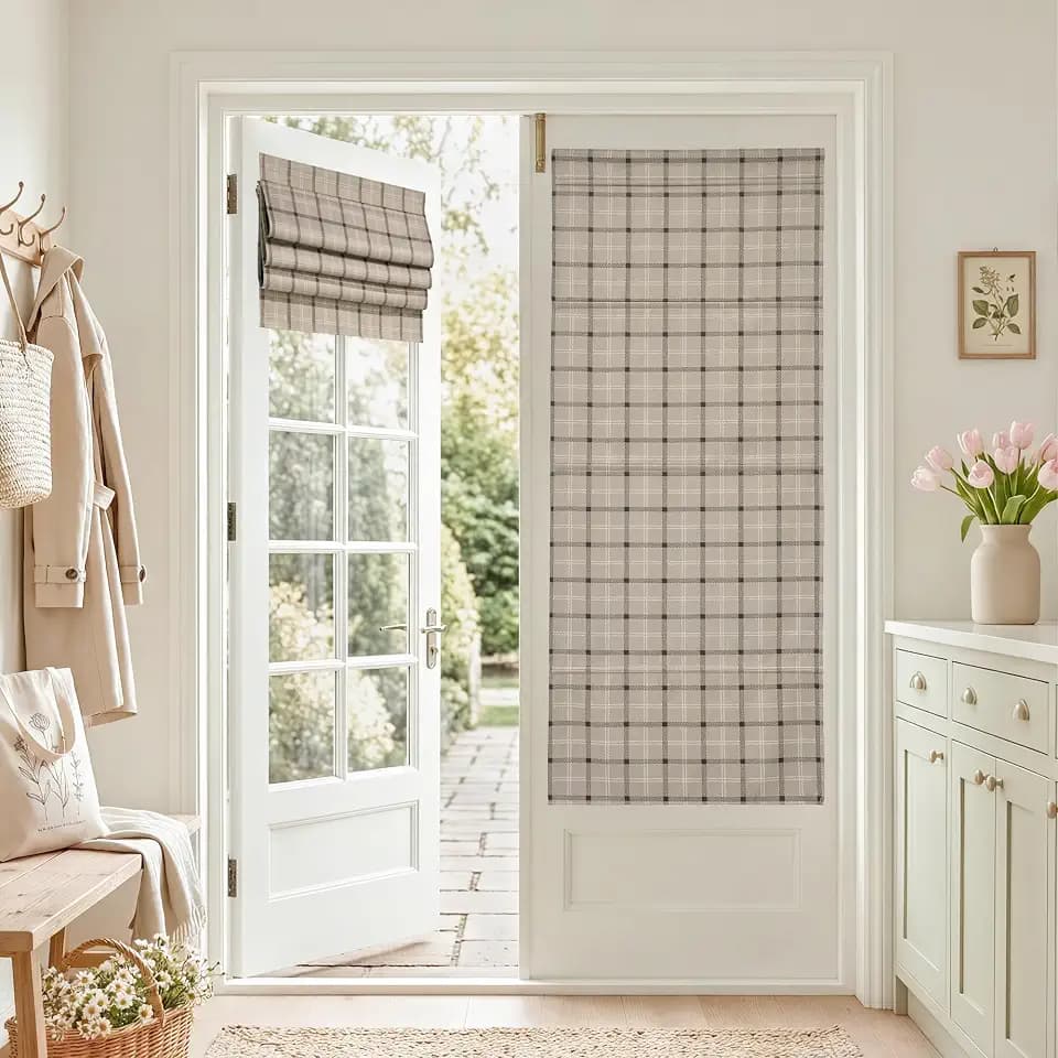 NICETOWN 100% Blackout Taupe Plaid Magnetic Roman Shade, W24 x L64, 1 Panel