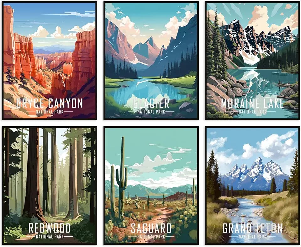 Nilem Design Retro National Park Posters Set of 6 – 8x10 Illustrated Wall Art Prints – Unframed Vintage-Style Nature Decor for Living Room, Office, Bedroom (National Park A)