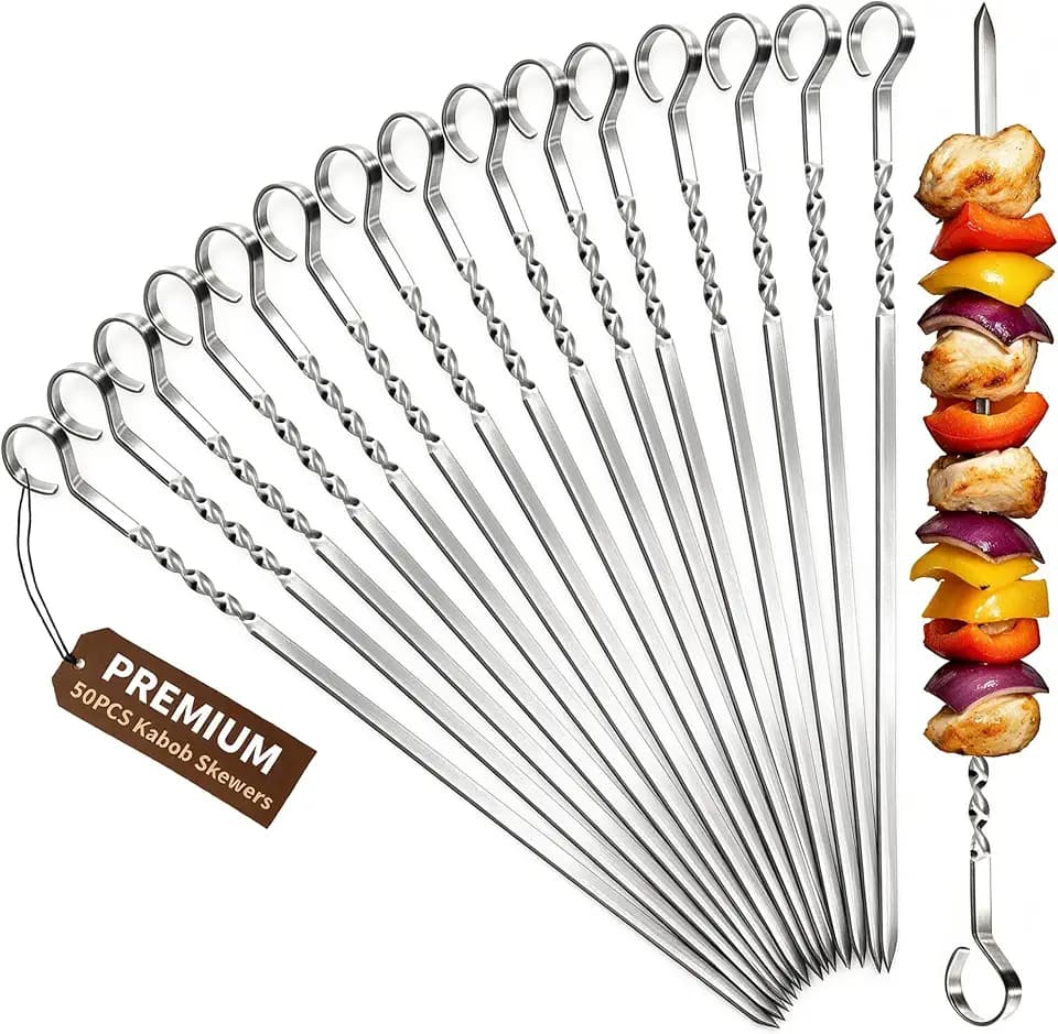 15.2" Kabob Skewers, 4mm Wide Flat Metal Skewers for Grilling, 50 Pack
