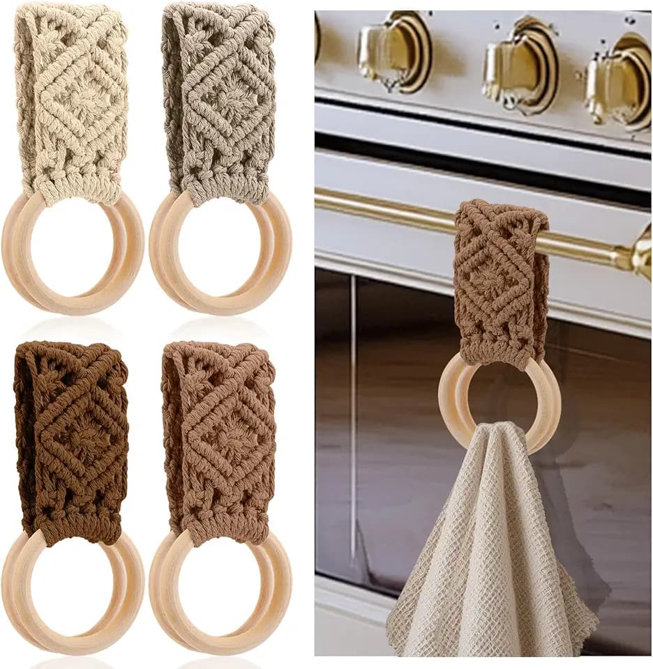 Tioncy 4 Pcs Kitchen Dish Towel Holder Crochet Towels Loop Ring,Brown