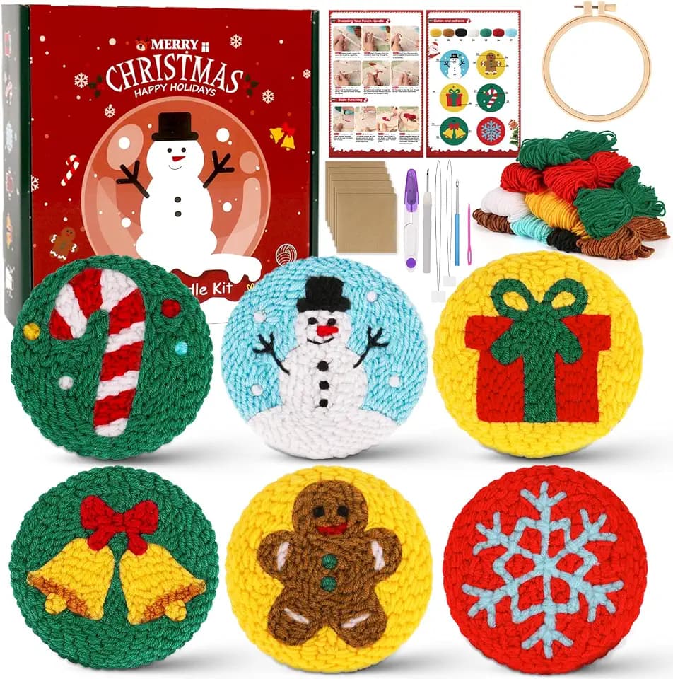 Sukhumvit 6PCS Christmas Punch Needle Coaster Kit, Beginners Punch Needle Set with 6 Tufted Patterns, Yarns, Hoop & Adhesive Pads, Starter DIY Embroidery Coasters Kit for Tufted Crafts Christmas Gifts