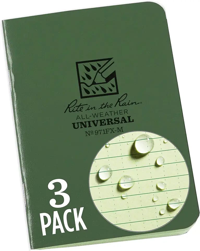 Rite in the Rain Weatherproof Mini Stapled Notebook, 3.25" x 4.625", Green Cover, Universal Pattern, 3 Pack (No. 971FX-M)
