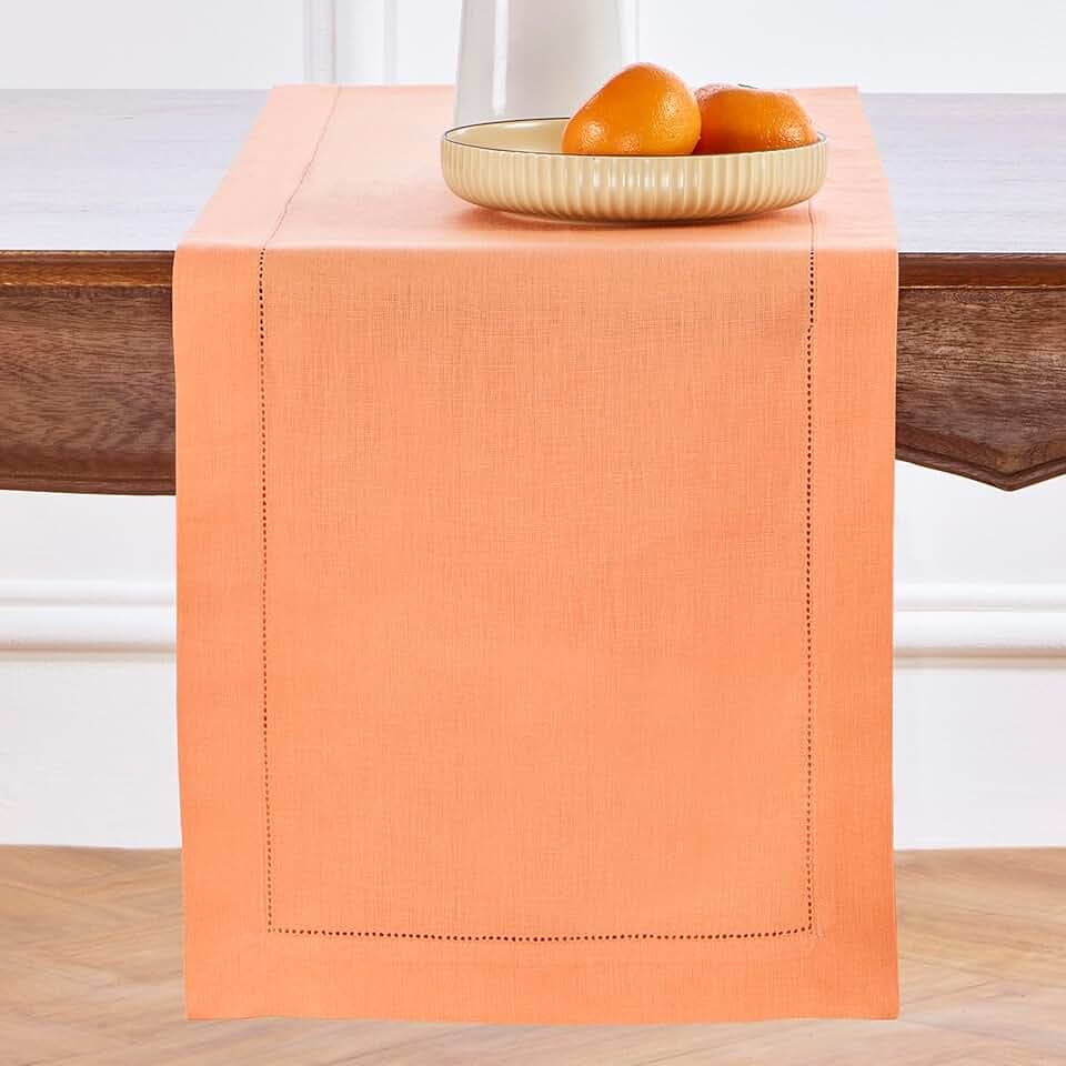 Solino Home 100% Linen Table Runner Coral, Classic Hemstitch 14 x 144 in