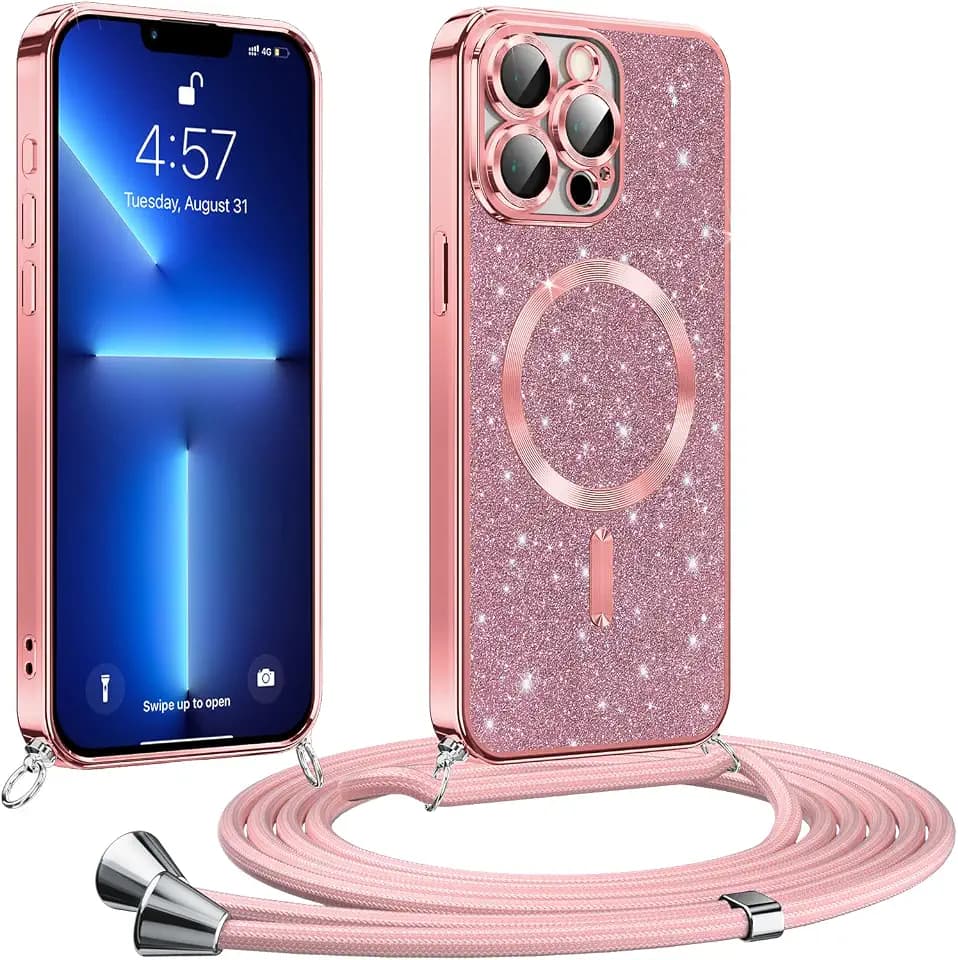 Phoona handyband Hülle für iPhone 13 Pro mit Band, Glitzer Handyhülle Kompatibel mit MagSafe, Ganzkörperschutz Kratzfeste Stossfest Schutzhülle mit Einstellbar Kette, Rosa