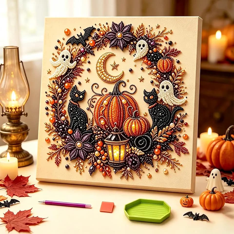 Hongxlaobiao Halloween Ghost Pearl Art DIY Kit, Spooky Cute 3D Diamond Art Painting Crafts for Adults, DIY Fall Home Decor Wall Art, Beginner DIY Seasonal Party Gift (1 Set)
