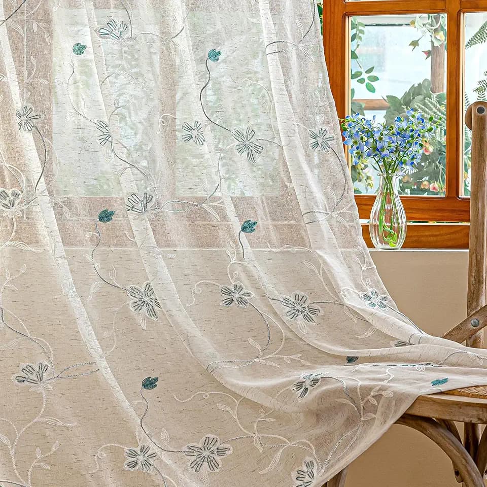 AmHoo 2 Panels Linen Floral Leaf Embroidered Semi Sheer Curtain Farmhouse Voile Curtains for Living Room Bedroom Window Treatment Teal 52 x 63 Inch