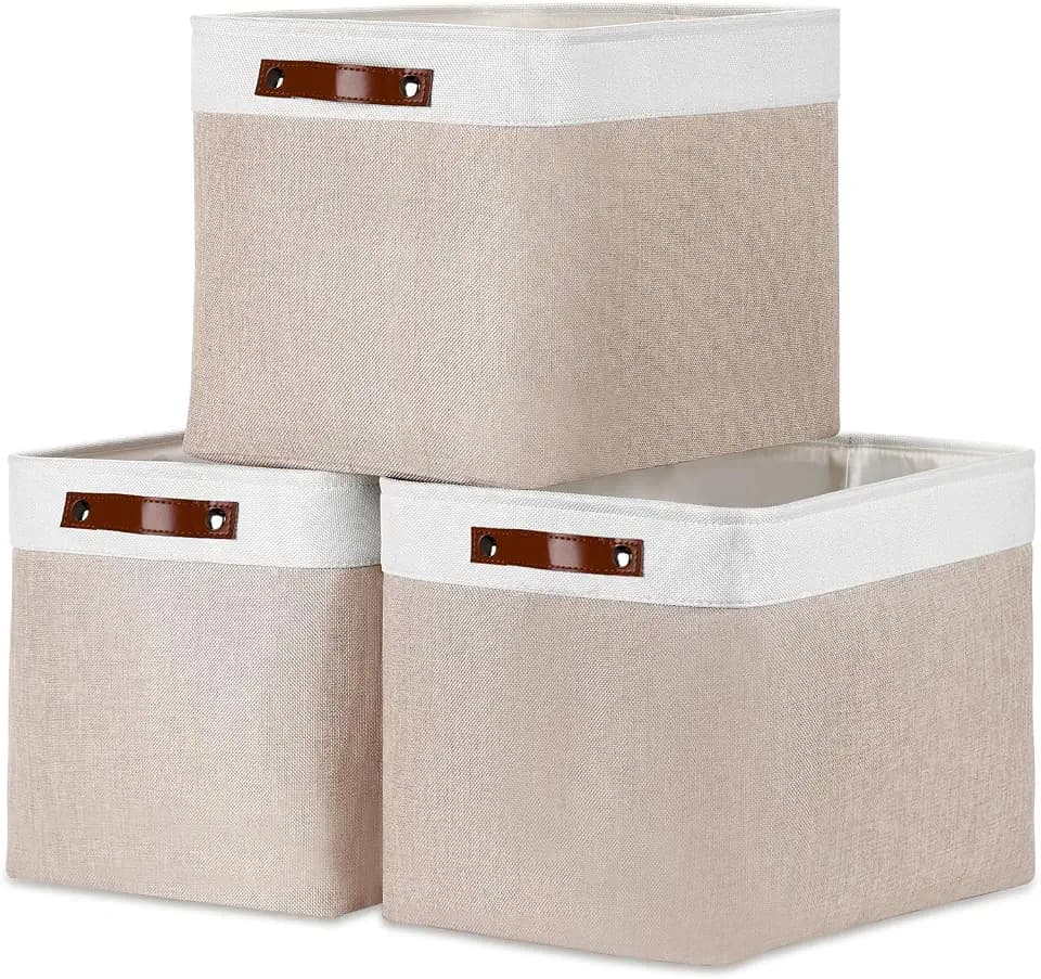 DULLEMELO Fabric Storage Bins, Lining Fabric Baskets For Gifts, Large Storage Baskets for Books Clothes Storage, Foldable Storage Basket for Office Home Shelves Closets Organizing(White&Khaki)