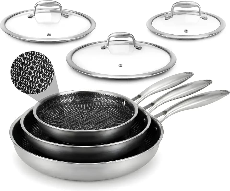 NutriChef 6-Piece Tri-Ply Stainless Steel Frying Pan Set – 8", 10", 12" Non-Stick Skillets with Lids, Induction Compatible, Oven Safe, Scratch-Resistant, Dishwasher Safe