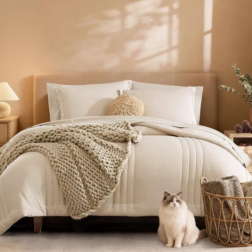 Full Size Comforter Sets-7 Pieces Beige Soft Bed in a Bag Full Bedding Sets