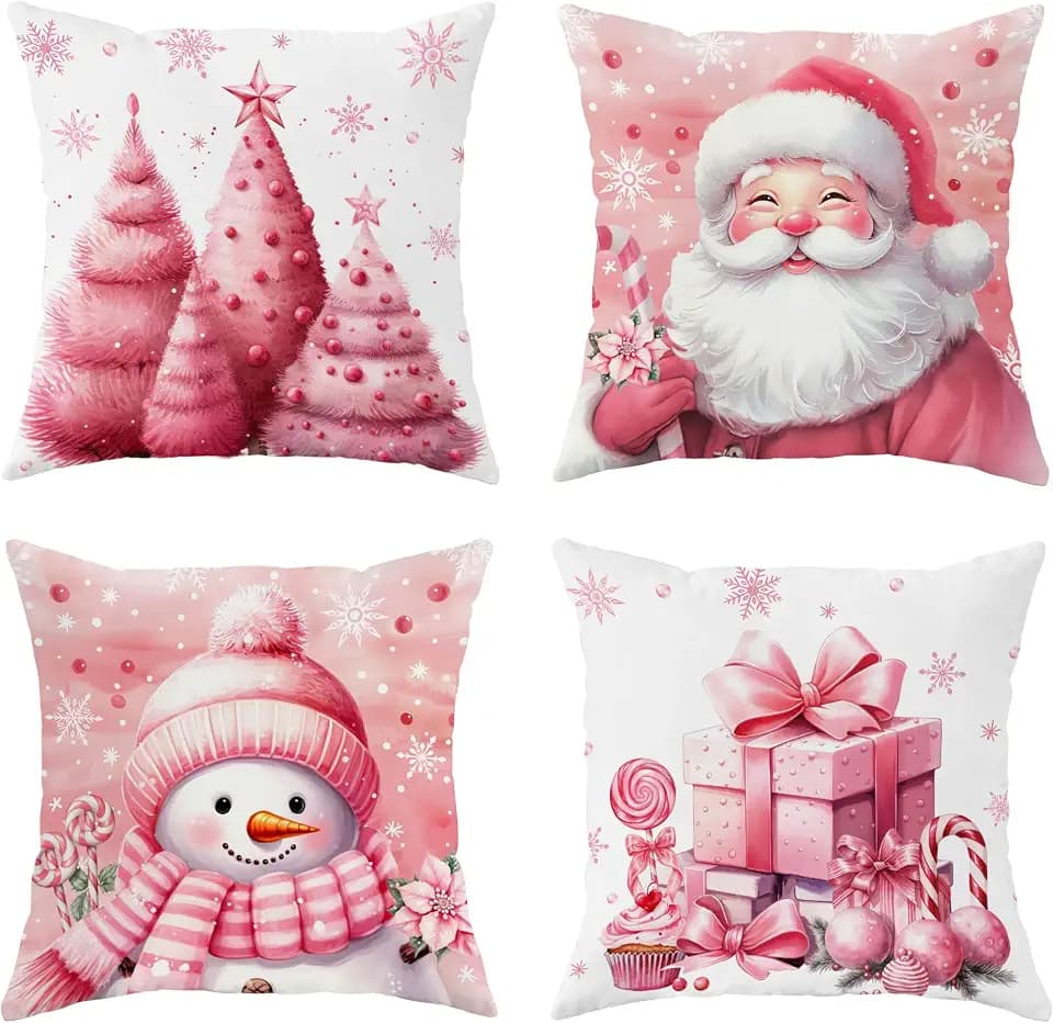 Velvet Christmas Pillow Covers, 18x18, Pink Candy Cane Set of 4, Snowman Santa Winter Holiday Decor for Home Couch Cushion