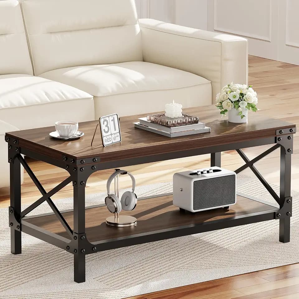 Rectangle Coffee Tables for Living Room, Wood Rectangular Coffee Table, 2 Tier Dark Brown Modern Center Table with Thickened Tabletop and Metal Frame, 40 inch Long (Walnut)