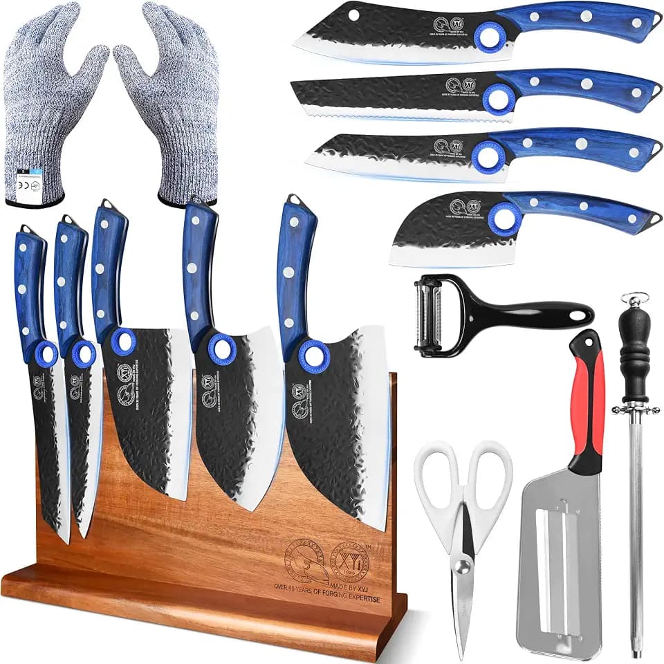 XYJ Knife Block Set, 9 Pieces Kitchen Knives with Magnetic Knife Block
