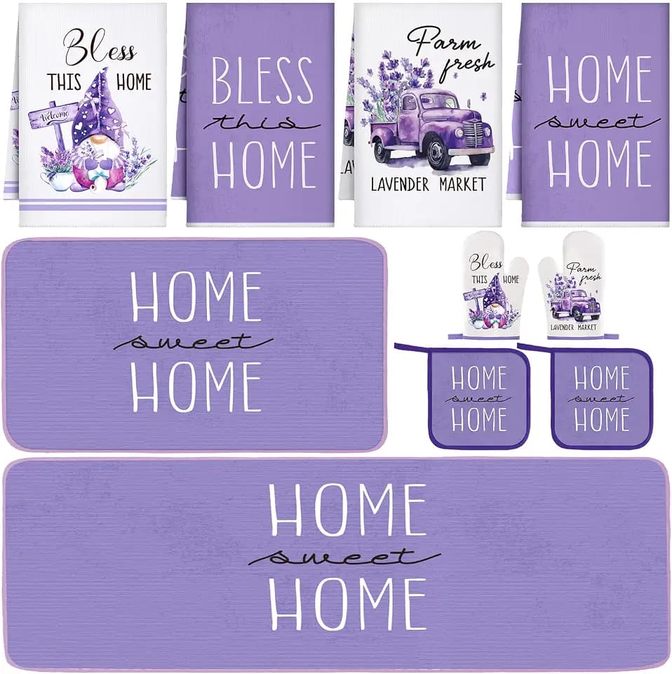 Fourluoo 10 Pcs Lavender Kitchen Decor Set Lavender Kitchen Towels Rugs Oven Mitts and Pot Holders for Cooking Baking Grilling Women Mom Gift