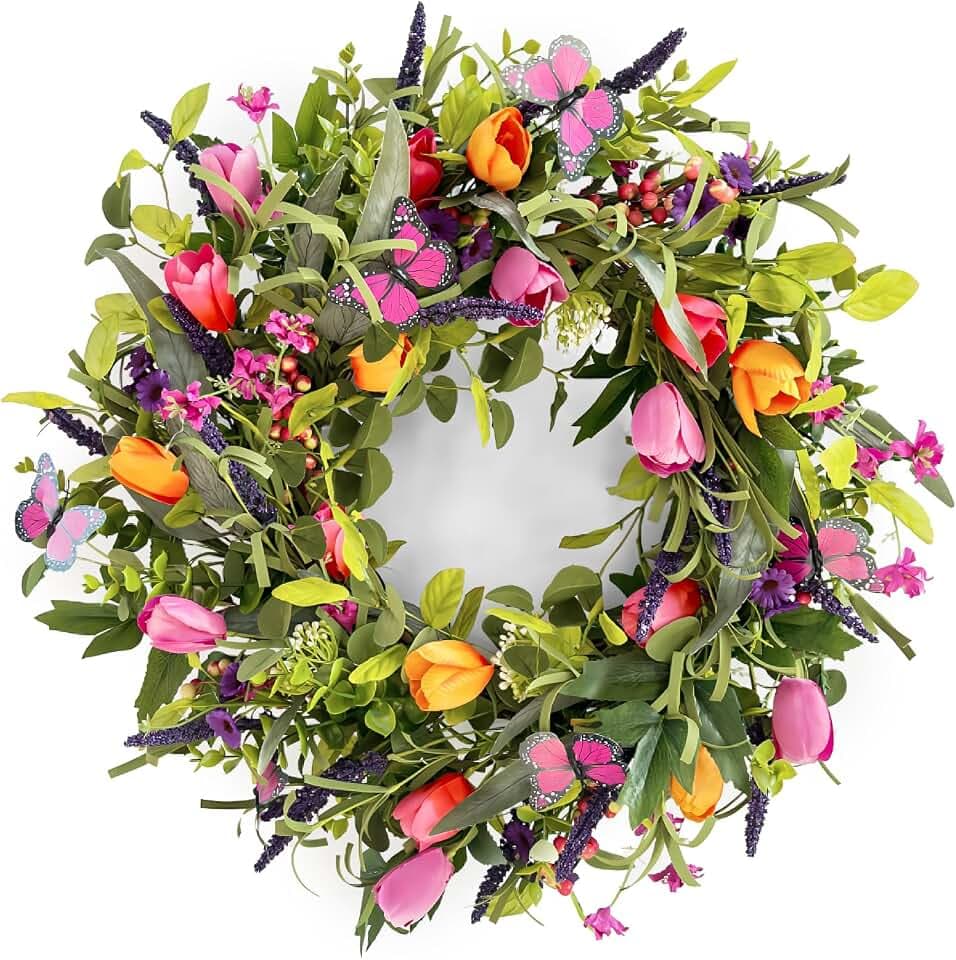 24" Wreaths for Front Door, Wreath with Tulip Wreath, Butterfly, Lavender and Eucalyptus, Vivid Artificial Floral for Wall Window Farmhouse Party Holiday Home Décor