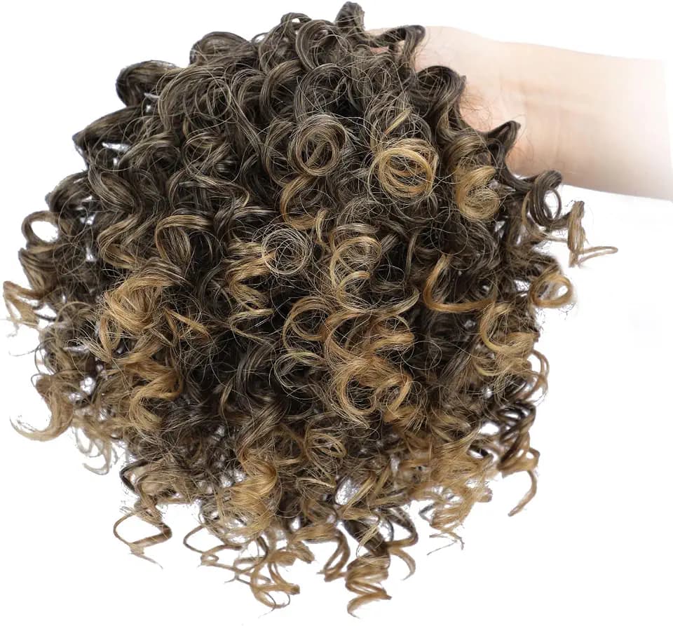 Drawstring Ponytail for Black Women Kinky Curly Bun Hair Extension for Women Fluffy Curly Short Updo for Daily Use (Ombre Honey Blonde)
