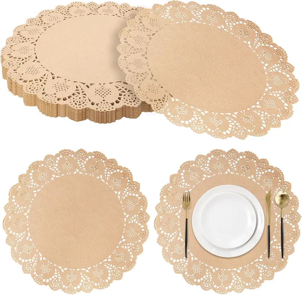 100 Pieces Round Kraft Paper Doilies 13.5 Inches Lace Papers Doilies Disposable Decorative Place Mats Table Pads for Food Cakes Crafts Party Weddings Tableware Decor