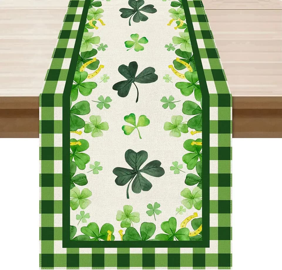 XCHI Green Plaid Four-Leaf Clovers Shamrocks Horseshoes St. Patrick's Day Table Runner Table Decoration for Party Home Kitchen Dining Holiday Decor 13x108 Inch