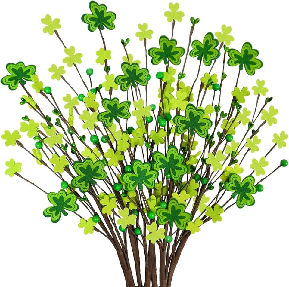 Agusbagli 6pcs St Patricks Day Decorations, 23.8" Artificial Shamrock Picks Fake Green Berry Stems Clover Flower Floral Branches for Home Party Table Centerpiece St. Patrick's Day Decor