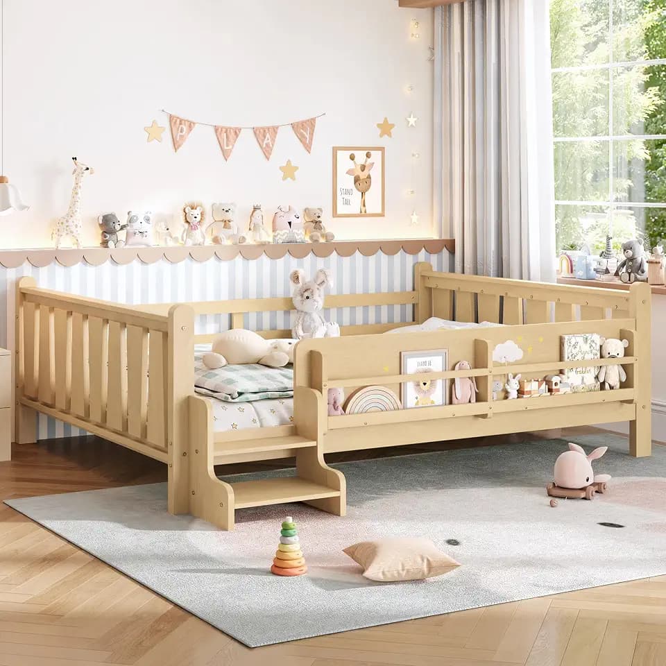 Queen Platform Bed for Kids, Montessori Bed with Stairs and Bookshelves, Low Profile Kids Queen Bed Frame with Guardrails for Boys, Girls, Childlike and No Box Spring Needed Design, Light Natural