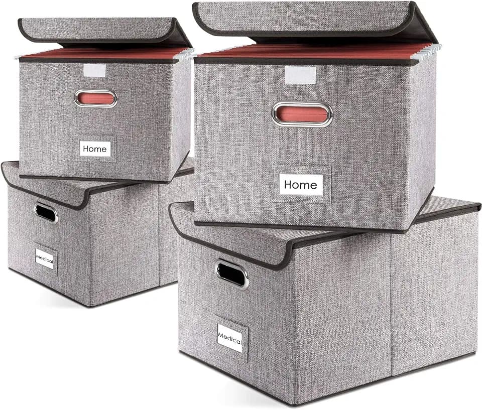 PRANDOM File Organizer Box - Set of 4 Collapsible Decorative Linen Filing Storage Hanging File Folders with Lids Office Cabinet Letter Size (15x12.2x10.75 inch)